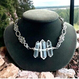 Handmade Maille Choker Necklace 3 Genuine Crystal Quartz & Sainless Steel Chain